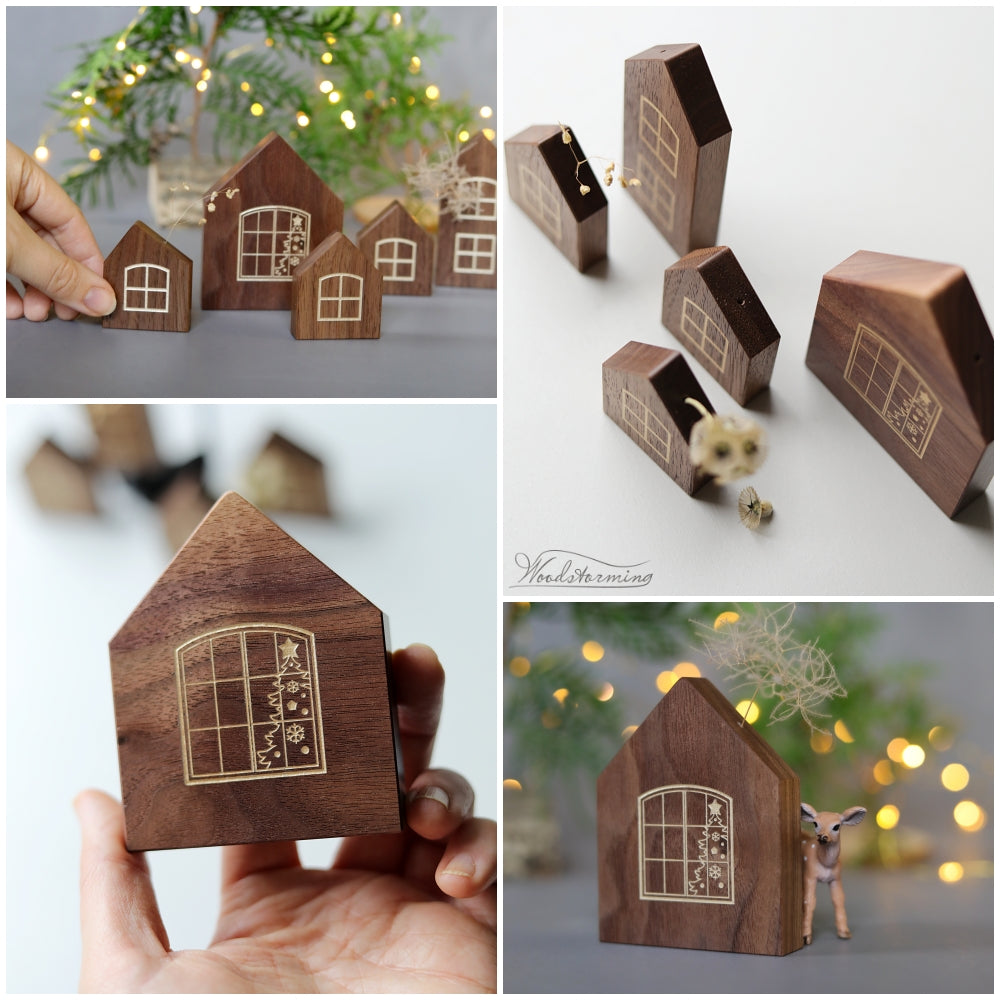 A collage showing small wooden house-shaped ornaments or figurines in multiple views. Some panels show a hand holding one of the houses, others show several houses arranged on a surface, and one panel shows a tiny deer figurine beside one of the houses.