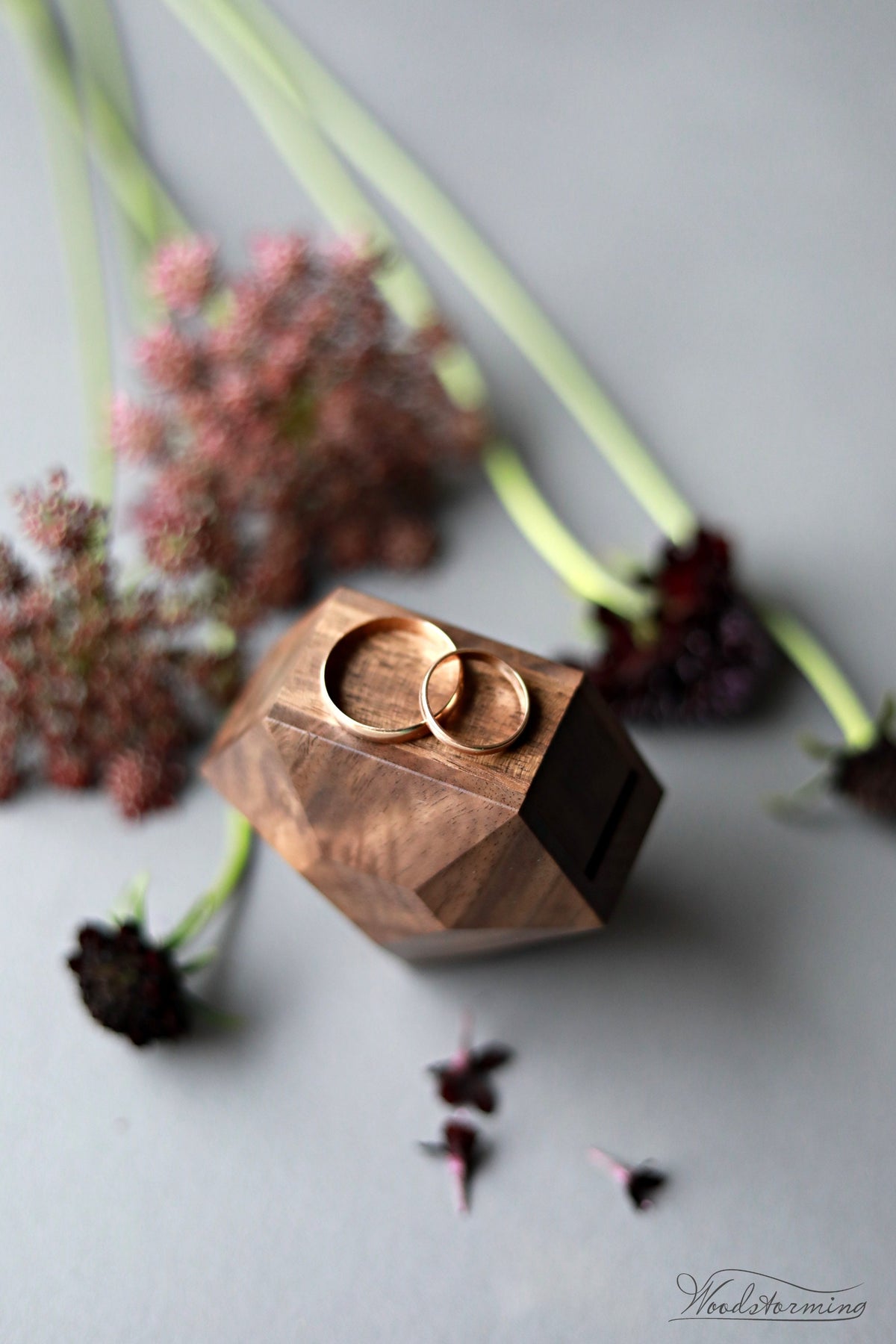 Double Ring Box for Wedding Ceremony | Rotating Diamond Shape | Walnut