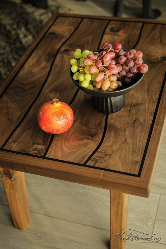 Custom handcrafted black walnut coffee table with black epoxy resin inlay, 60x80 cm, made to order at Woodstorming studio
