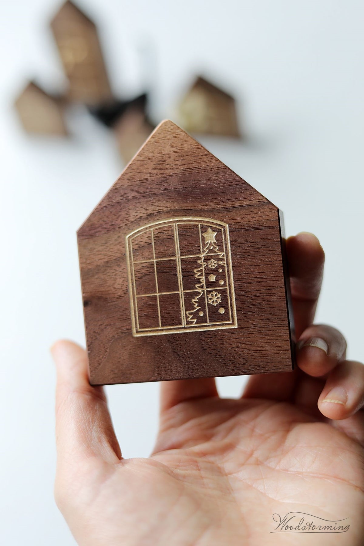 Handcrafted Walnut Christmas Village Set of 5