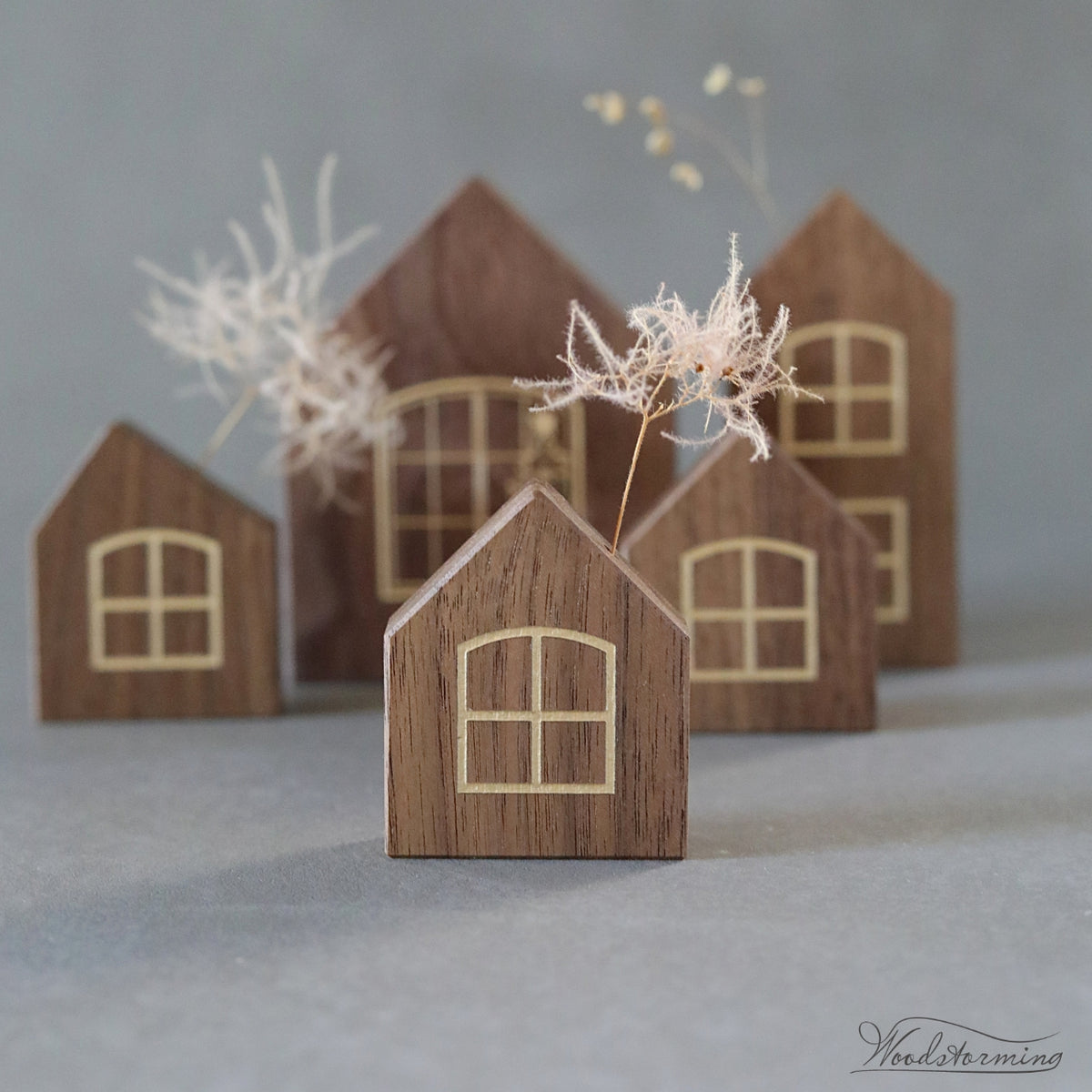 Handcrafted Walnut Christmas Village Set of 5
