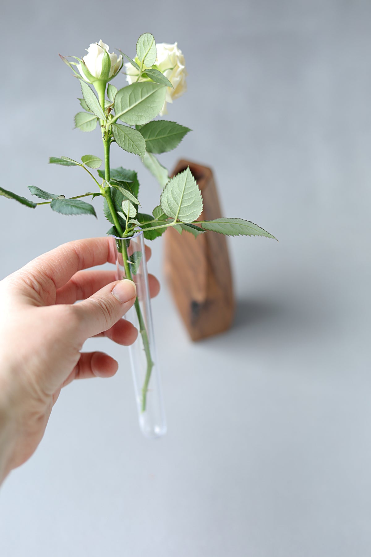 Faceted Walnut Wood Vase for Dried Flowers