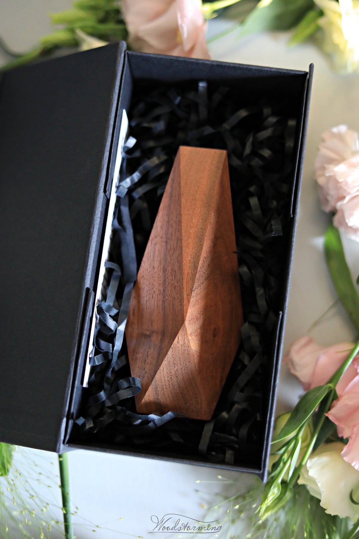 Faceted Walnut Wood Vase for Dried Flowers