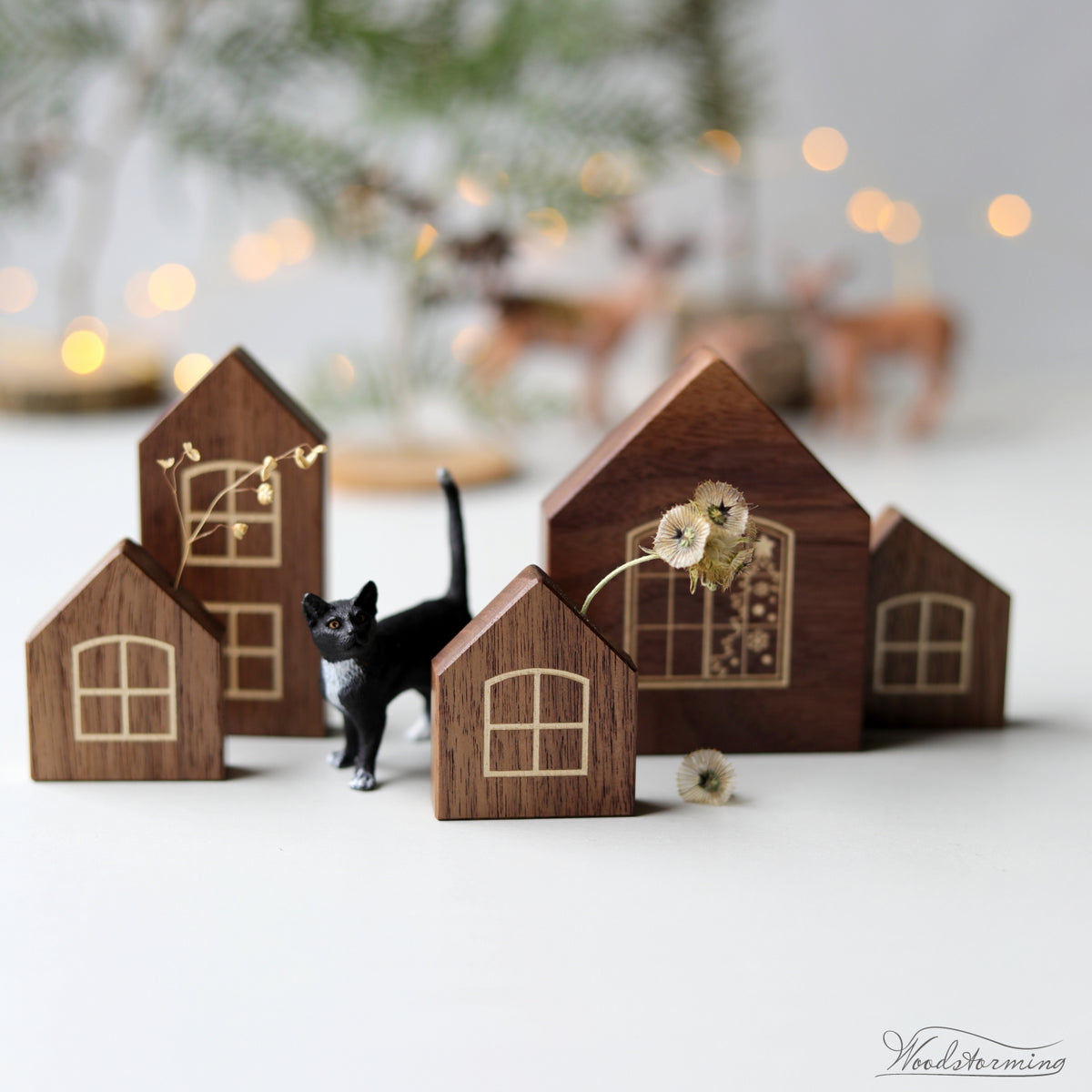 Handcrafted Walnut Christmas Village Set of 5