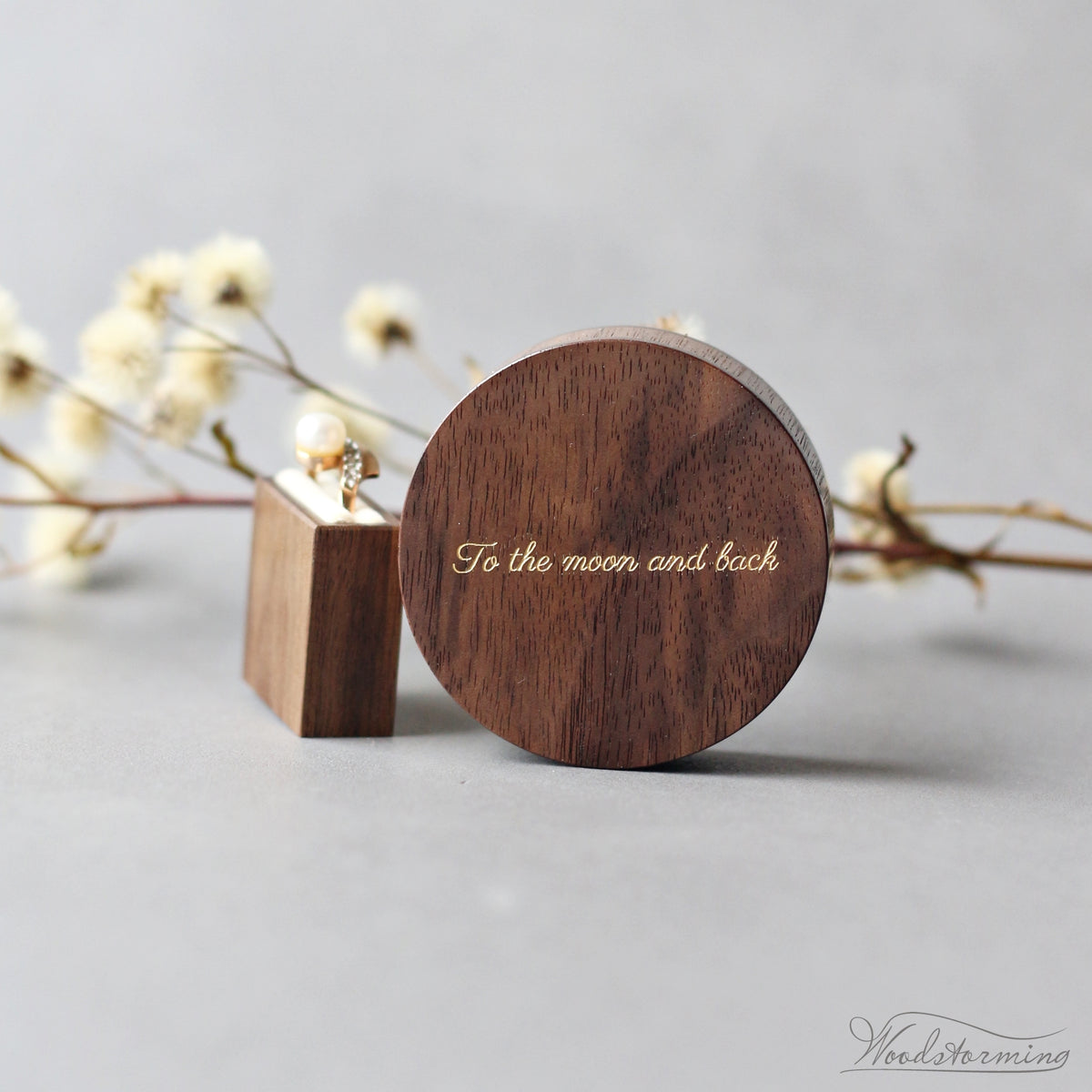 Slim Round Walnut Proposal Ring Box with Pull-Out Drawer