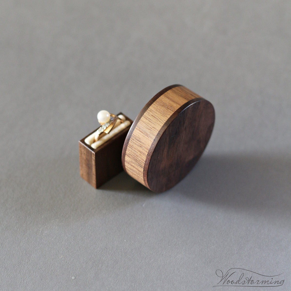 Slim Round Walnut Proposal Ring Box with Pull-Out Drawer