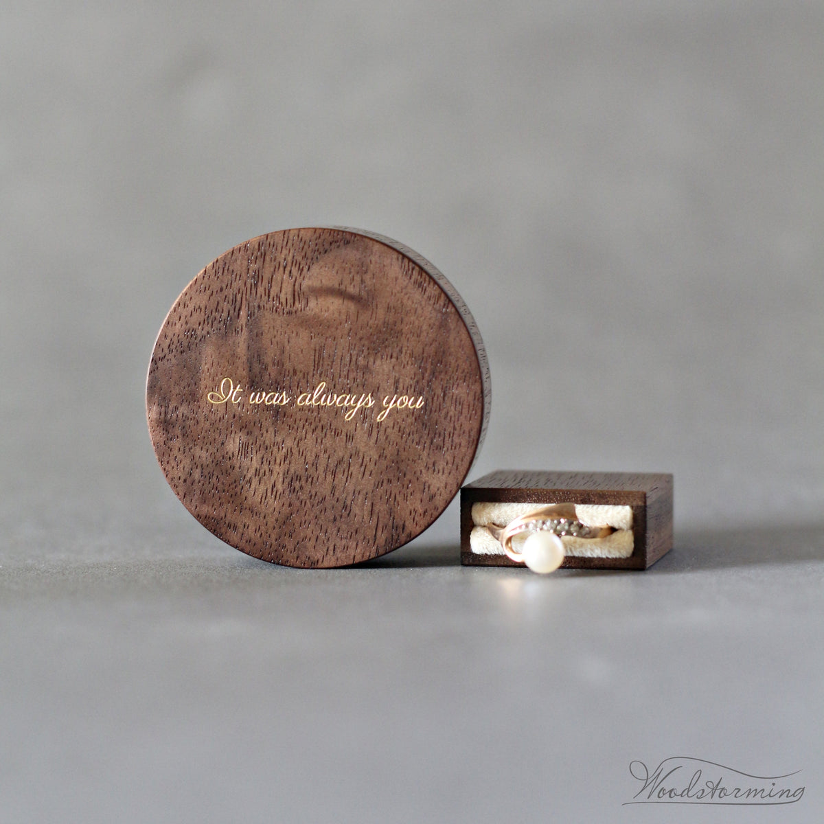 Slim Round Walnut Proposal Ring Box with Pull-Out Drawer