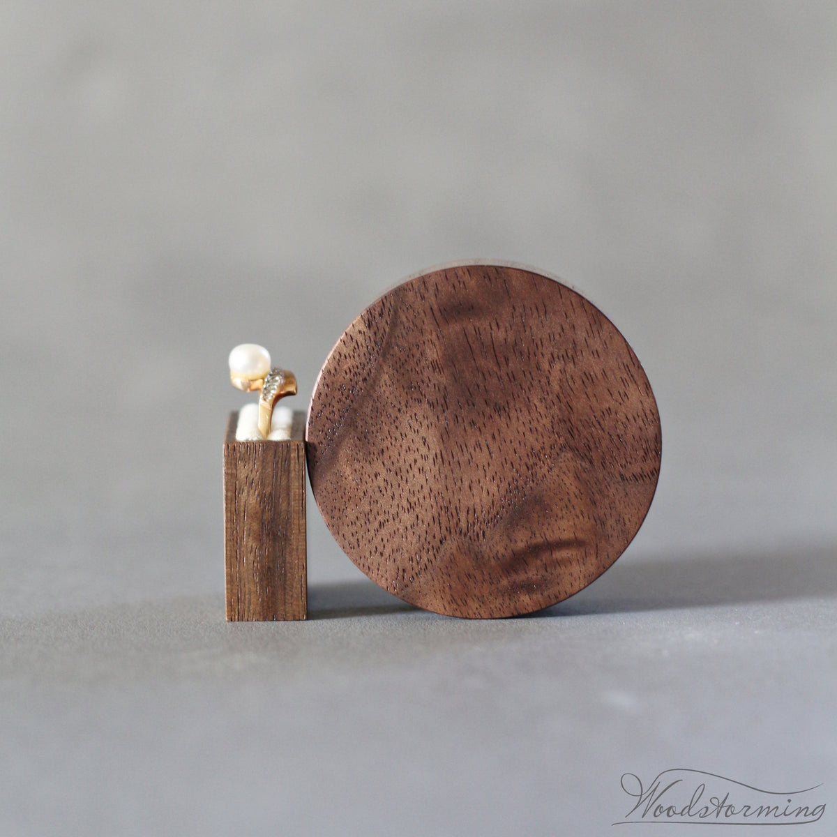 Slim Round Walnut Proposal Ring Box with Pull-Out Drawer