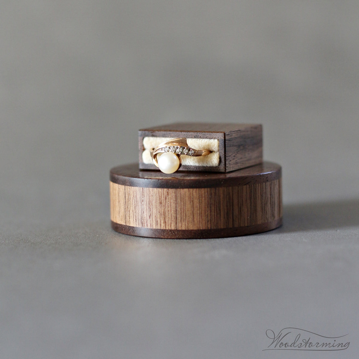 Slim Round Walnut Proposal Ring Box with Pull-Out Drawer