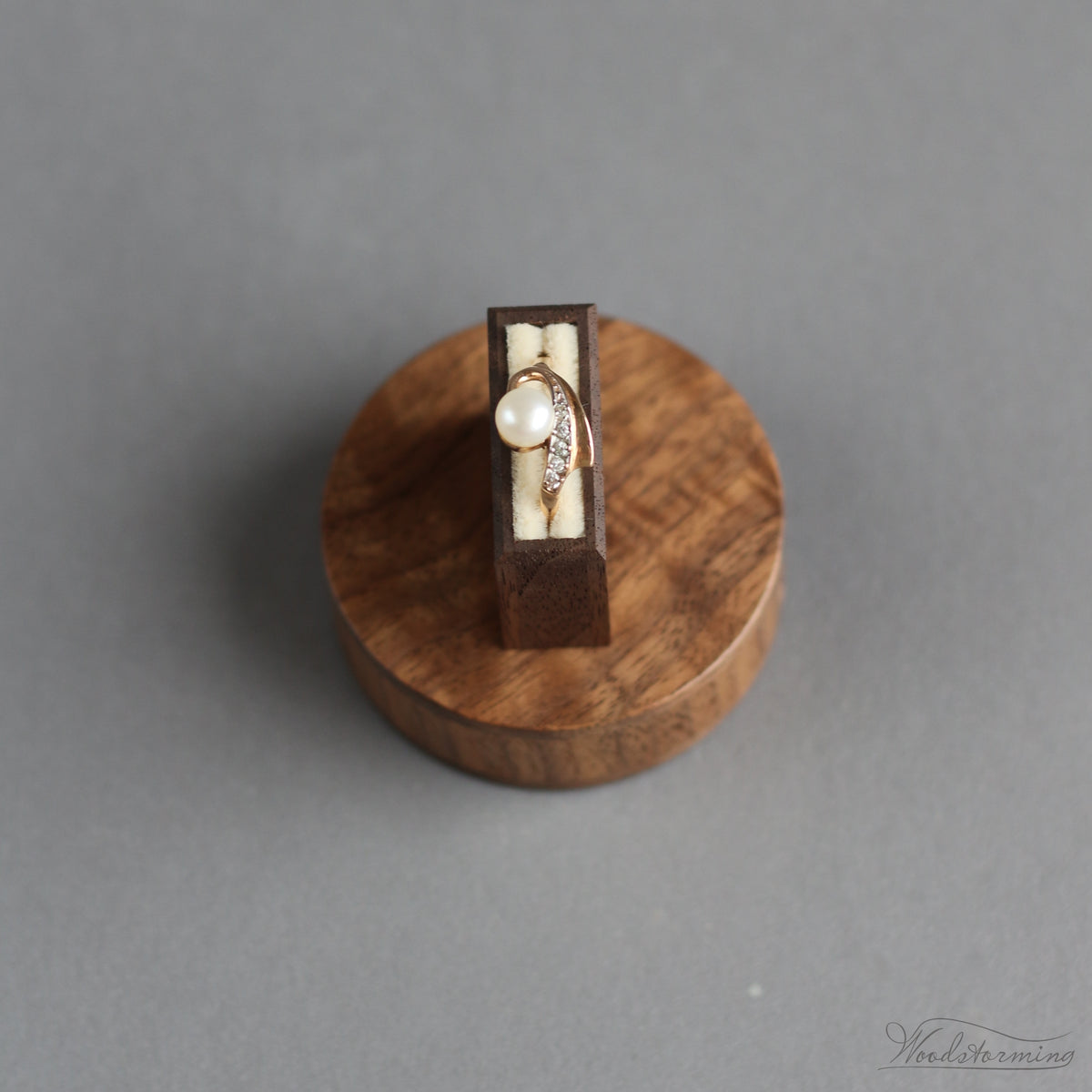 Slim Round Walnut Proposal Ring Box with Pull-Out Drawer