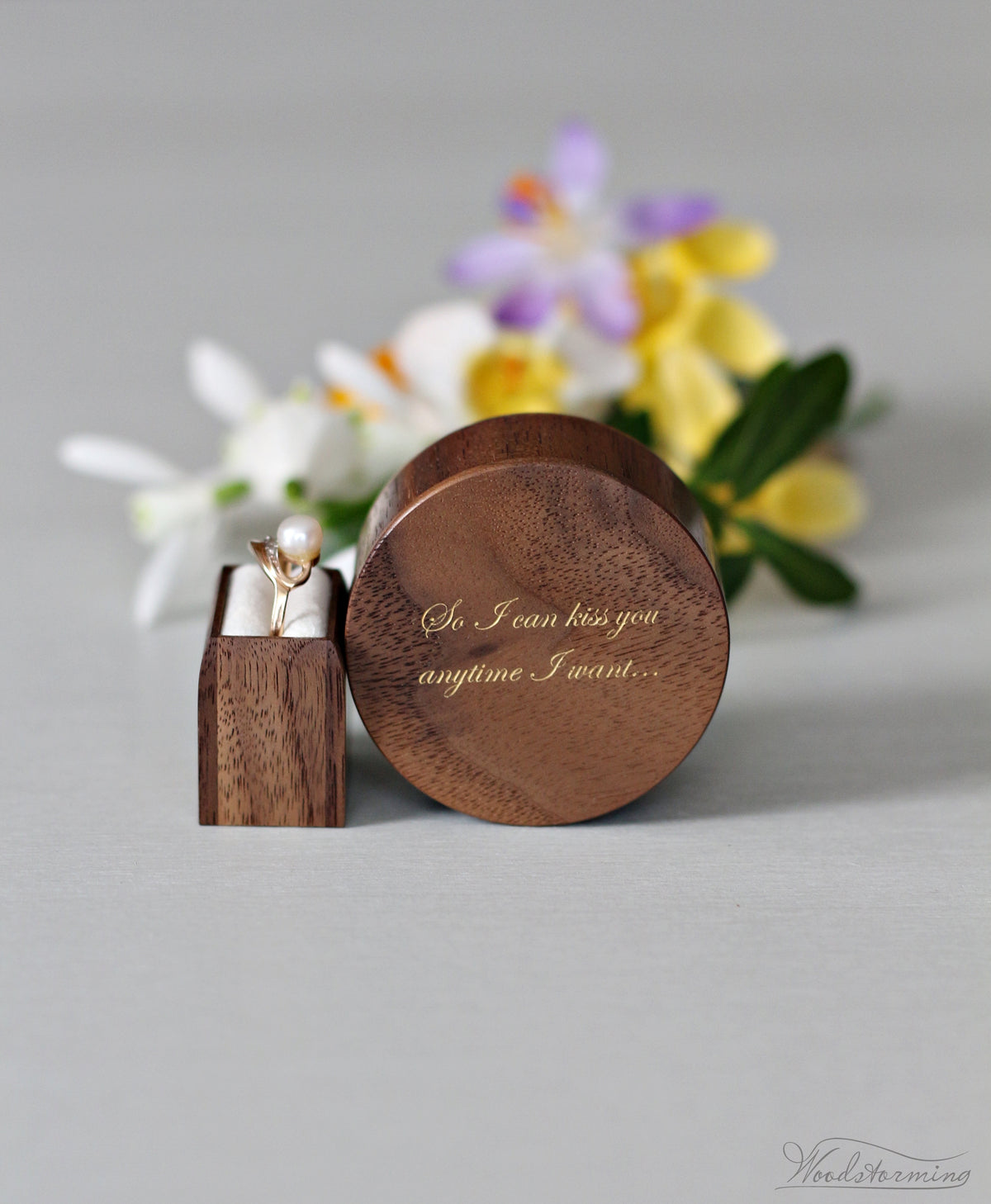 Round Walnut Proposal Ring Box
