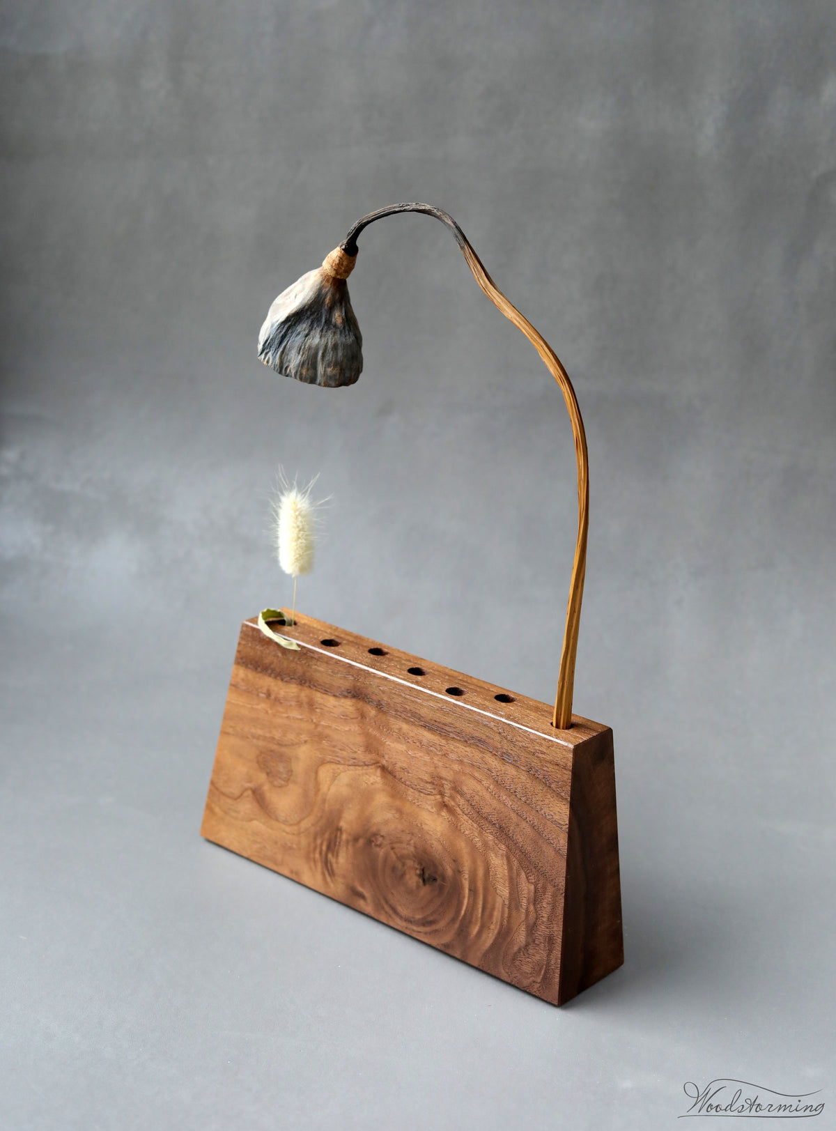 One-of-a-Kind Long Walnut Wood Vase for Dried Flowers