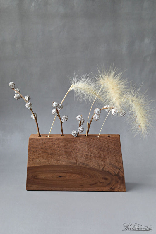 One-of-a-kind wabi-sabi walnut wood vase with seven openings for dried flowers and branches