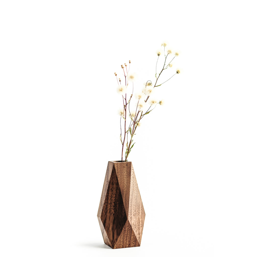 Faceted Walnut Wood Vase for Dried Flowers