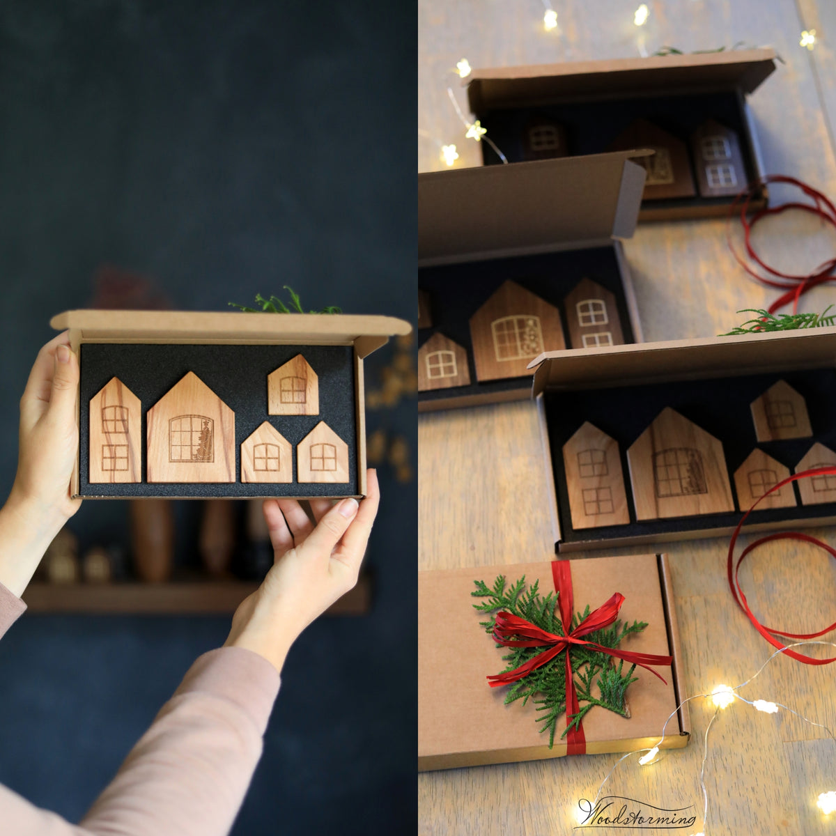 Handcrafted Beech Christmas Village Set of 5