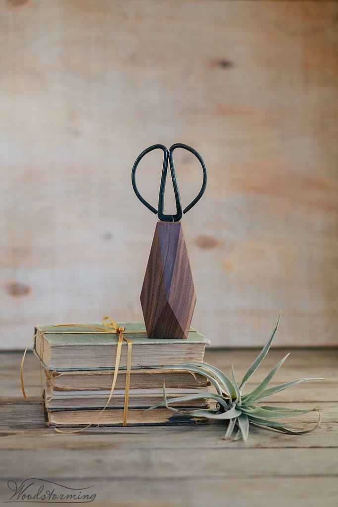 Faceted Walnut Wood Vase for Dried Flowers