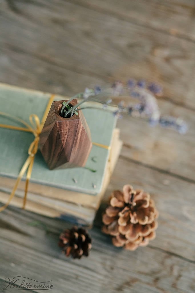 Faceted Walnut Wood Vase for Dried Flowers