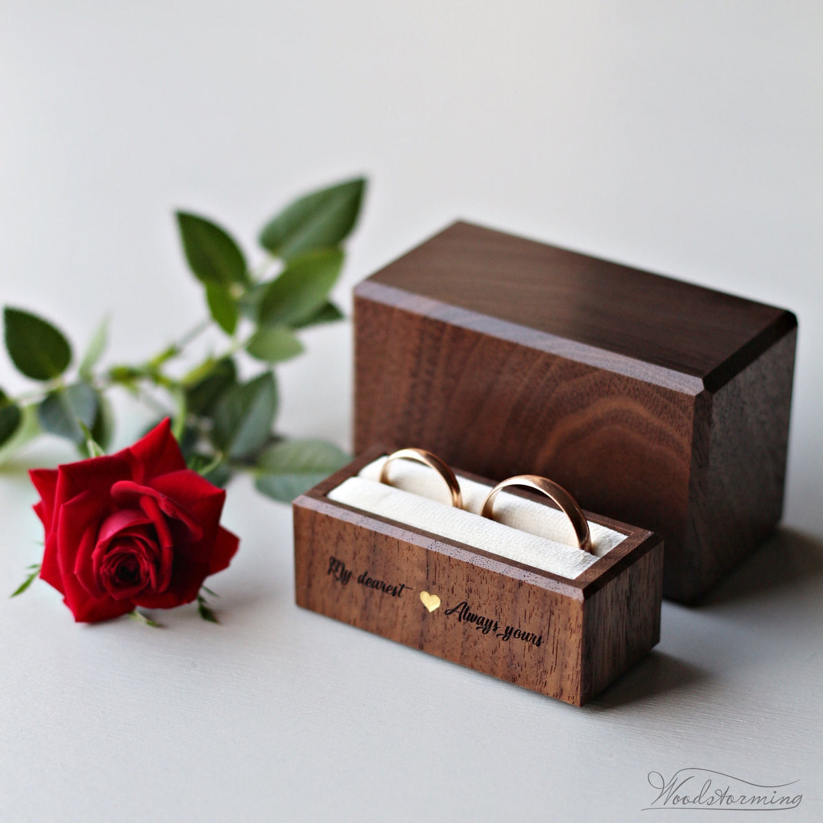 Double Walnut Wedding Ring Box with Engraving