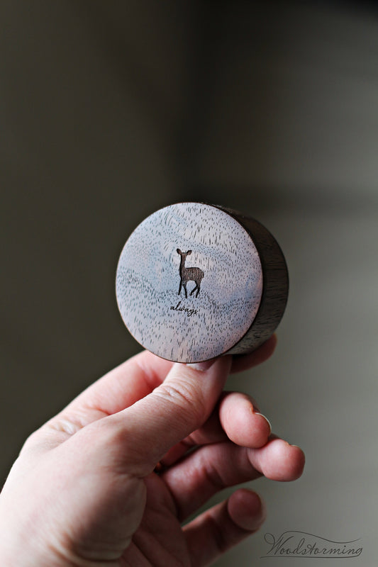Round walnut wooden ring box with pull-out drawer for a proposal
