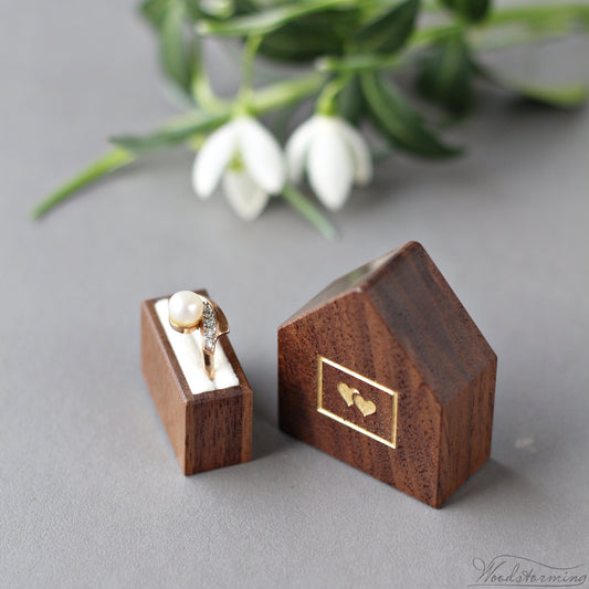 Walnut house-shaped wooden ring box for a proposal by Woodstorming. veri small and slim, pocket size ring box for delicate rings.