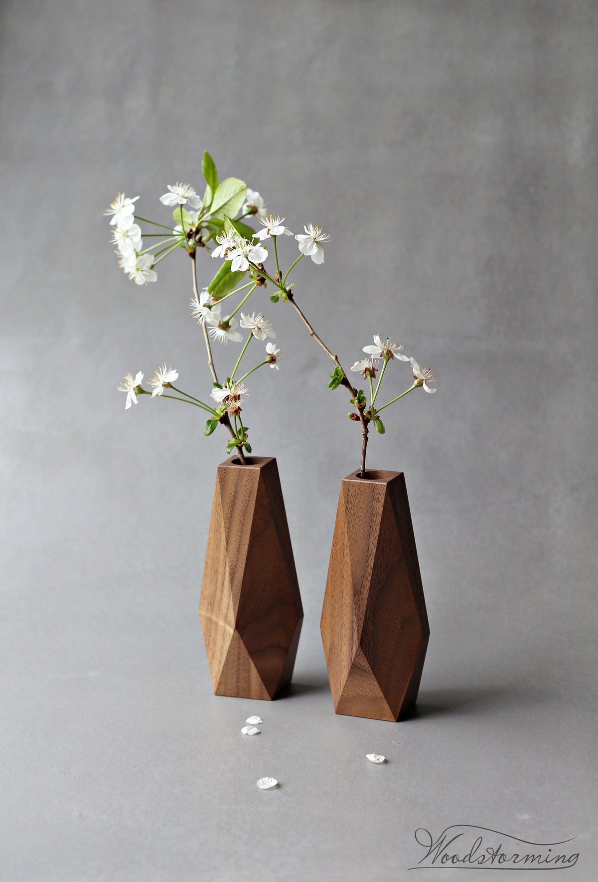 Faceted Walnut Wood Vase for Dried Flowers