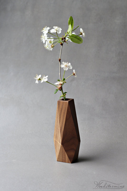 Faceted walnut wood vase for dried flowers and branches