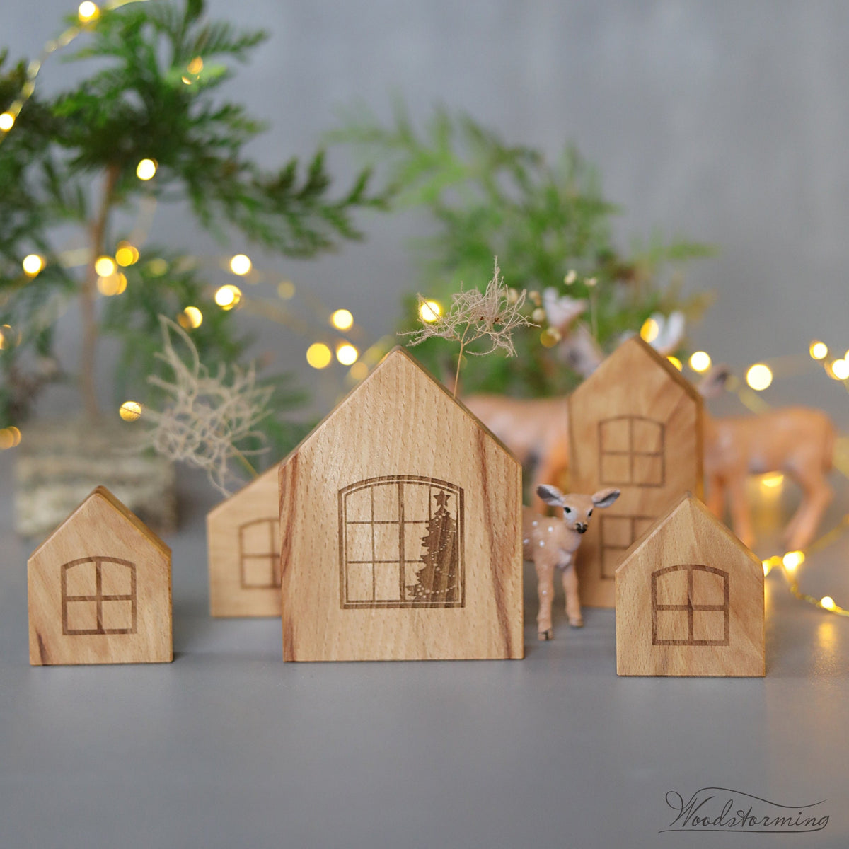 Handcrafted Beech Christmas Village Set of 5