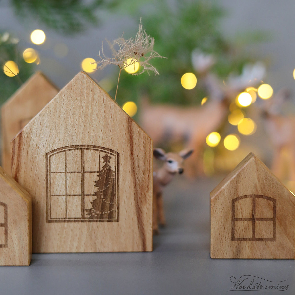 Handcrafted Beech Christmas Village Set of 5