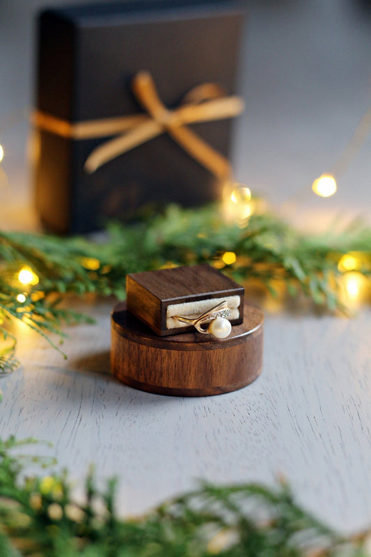 very small round wooden proposal ring box with pull out drawer