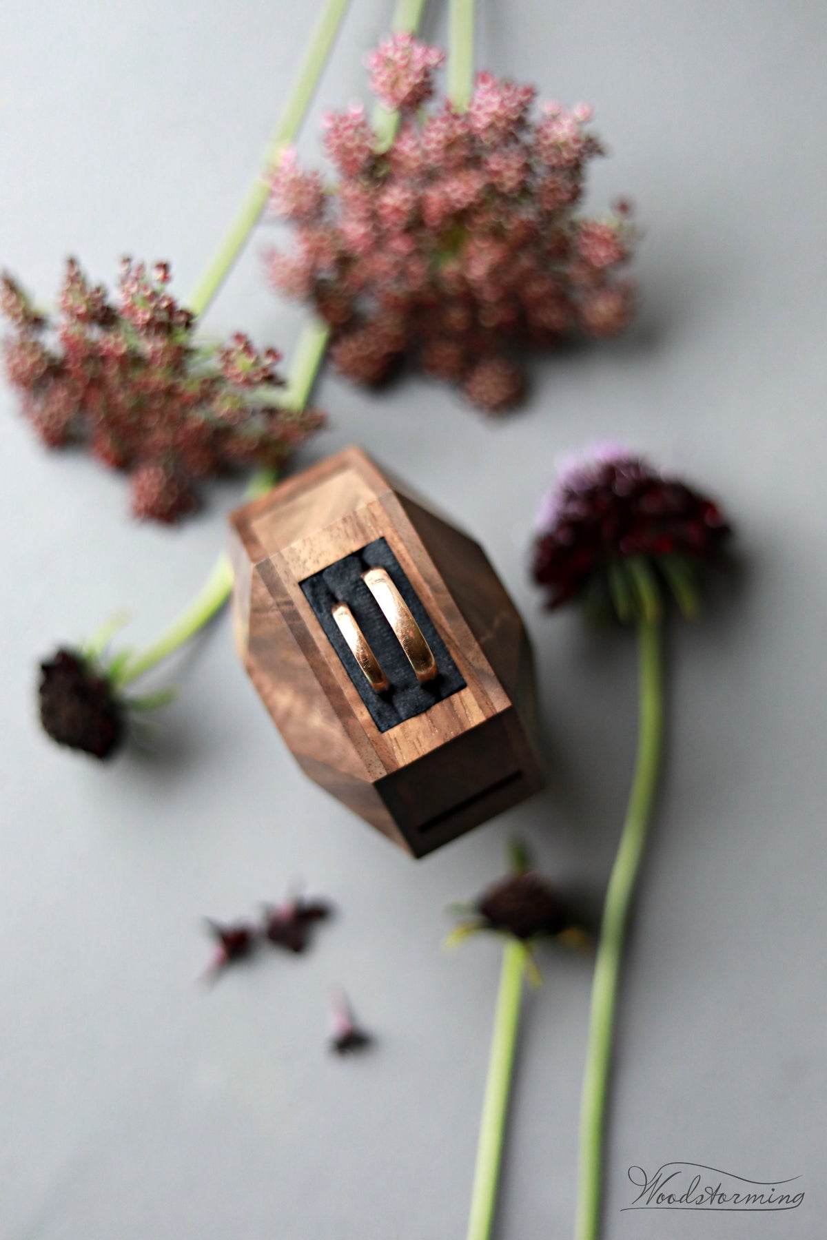 Double Ring Box for Wedding Ceremony | Rotating Diamond Shape | Walnut