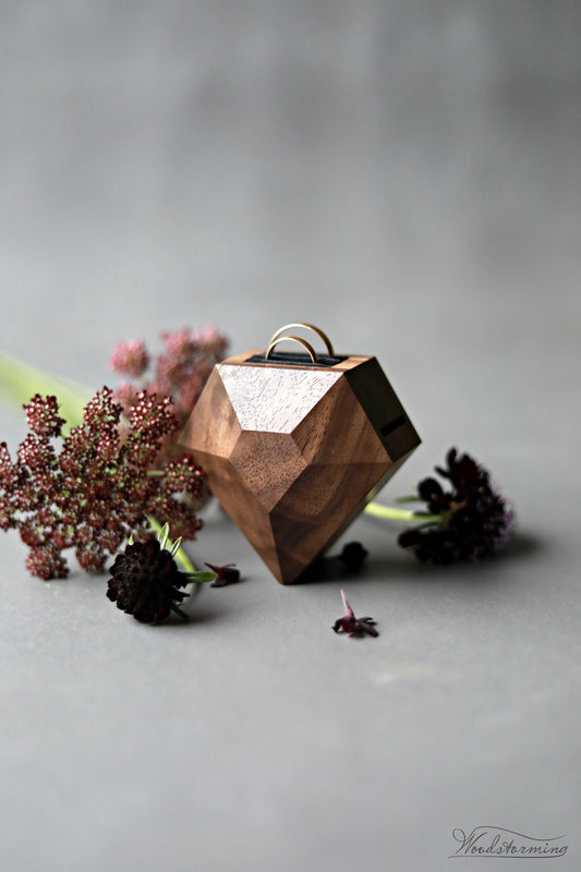 Double Ring Box for Wedding Ceremony | Rotating Diamond Shape | Walnut
