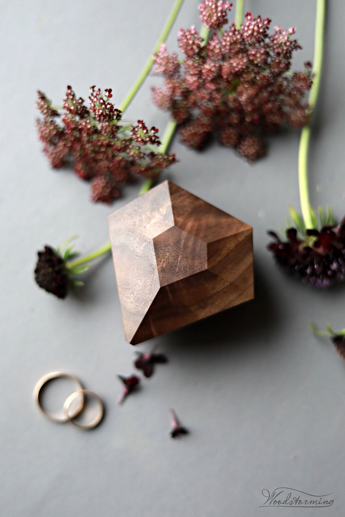 Double Ring Box for Wedding Ceremony | Rotating Diamond Shape | Walnut