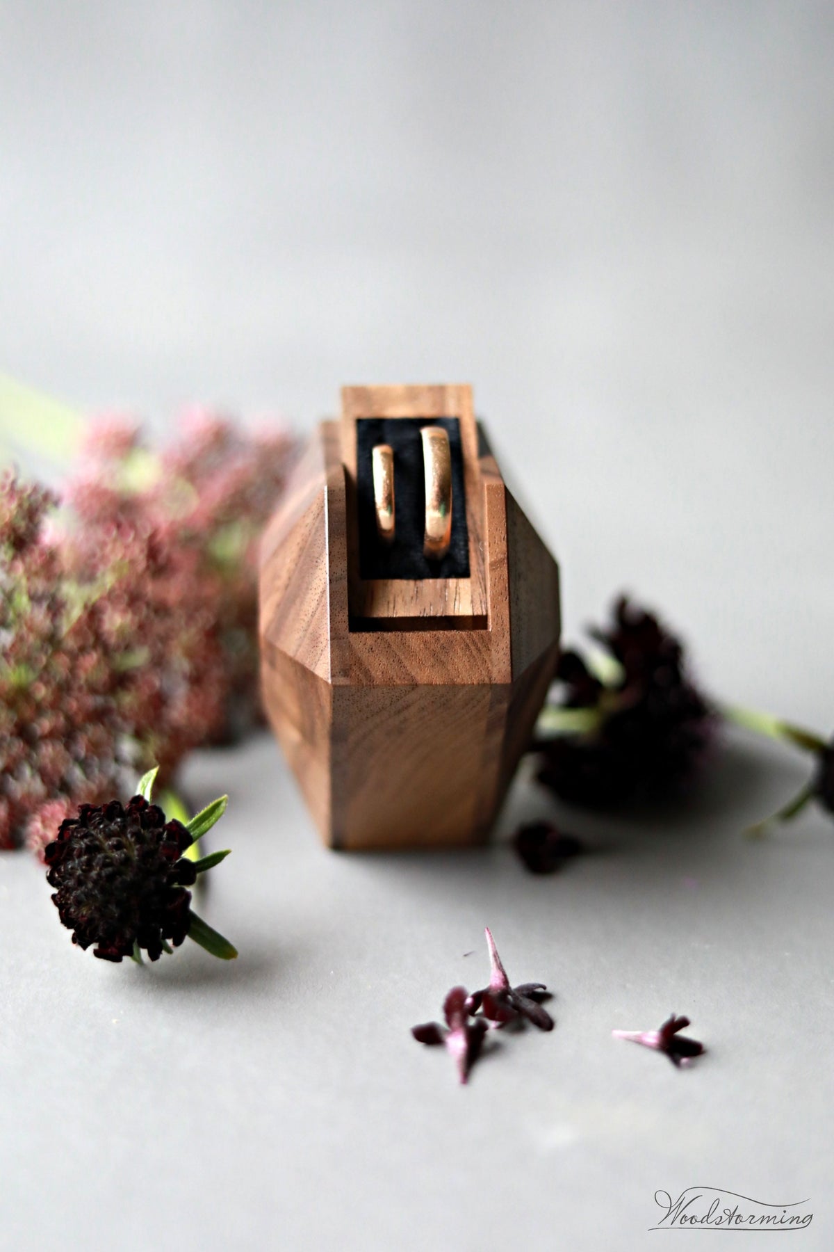 Double Ring Box for Wedding Ceremony | Rotating Diamond Shape | Walnut