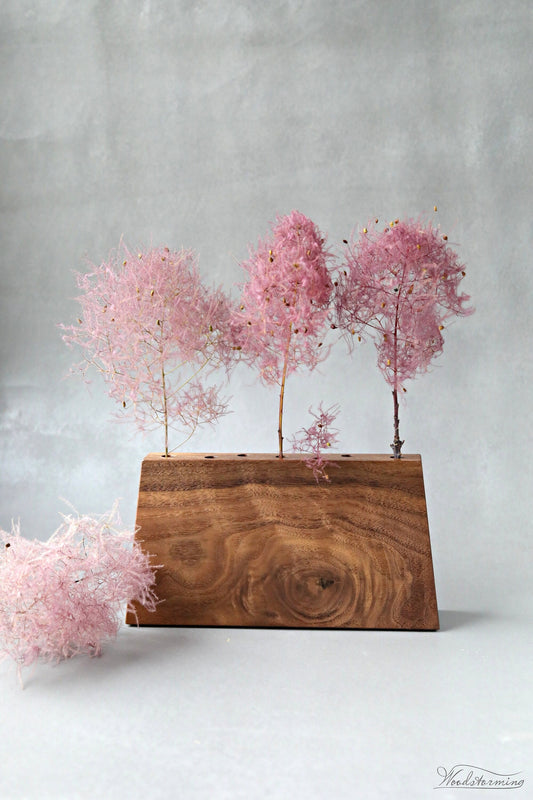One-of-a-kind long walnut wood vase with seven openings for dried flowers and branches