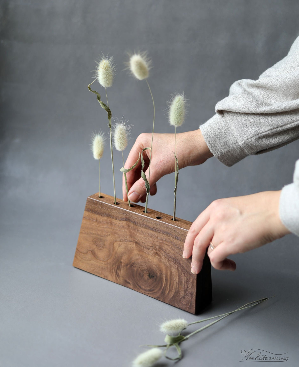 One-of-a-Kind Long Walnut Wood Vase for Dried Flowers