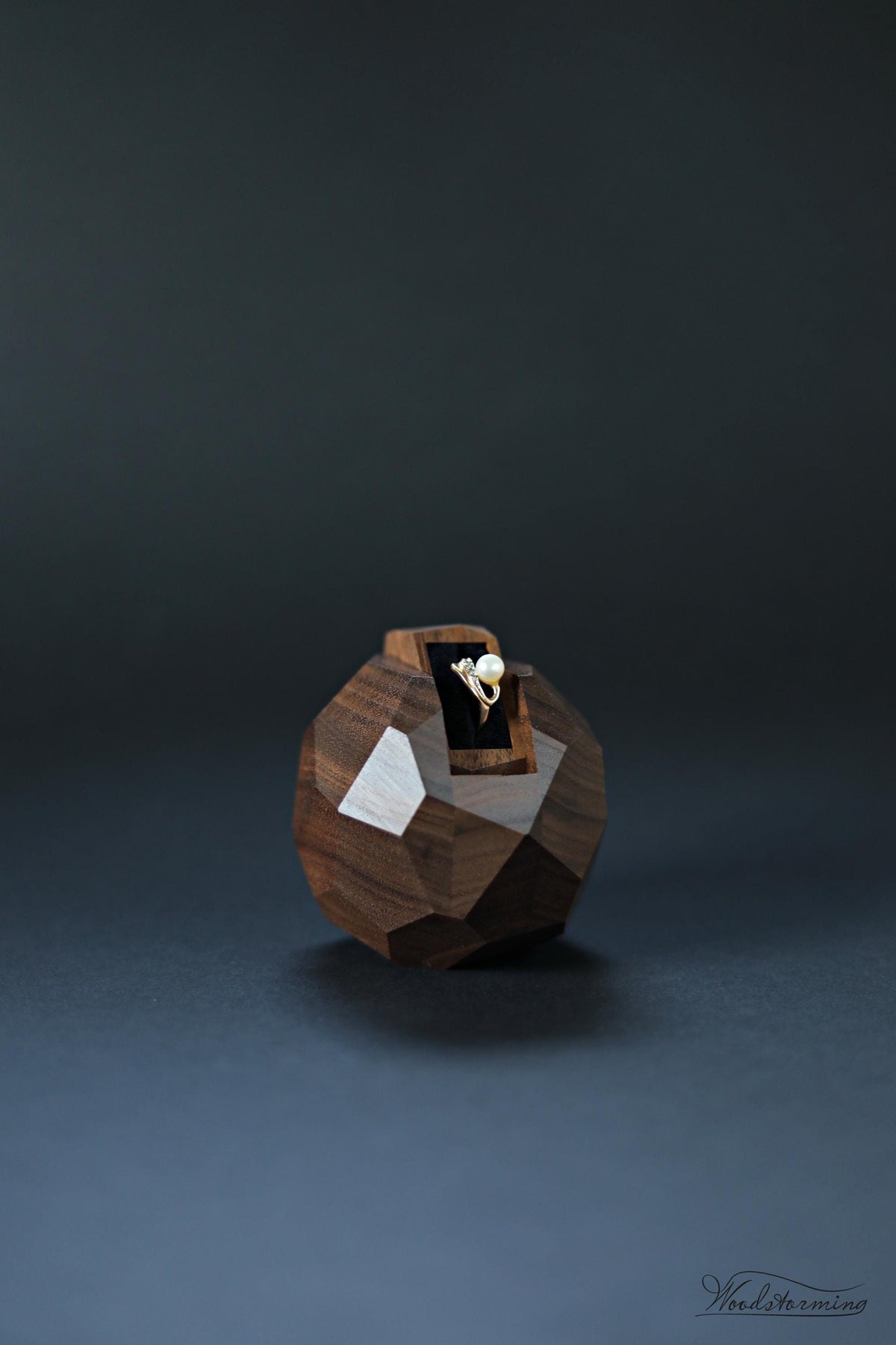 Wooden faceted engagement ring box, secret proposal ring box, sculptural ring display by Woodstorming