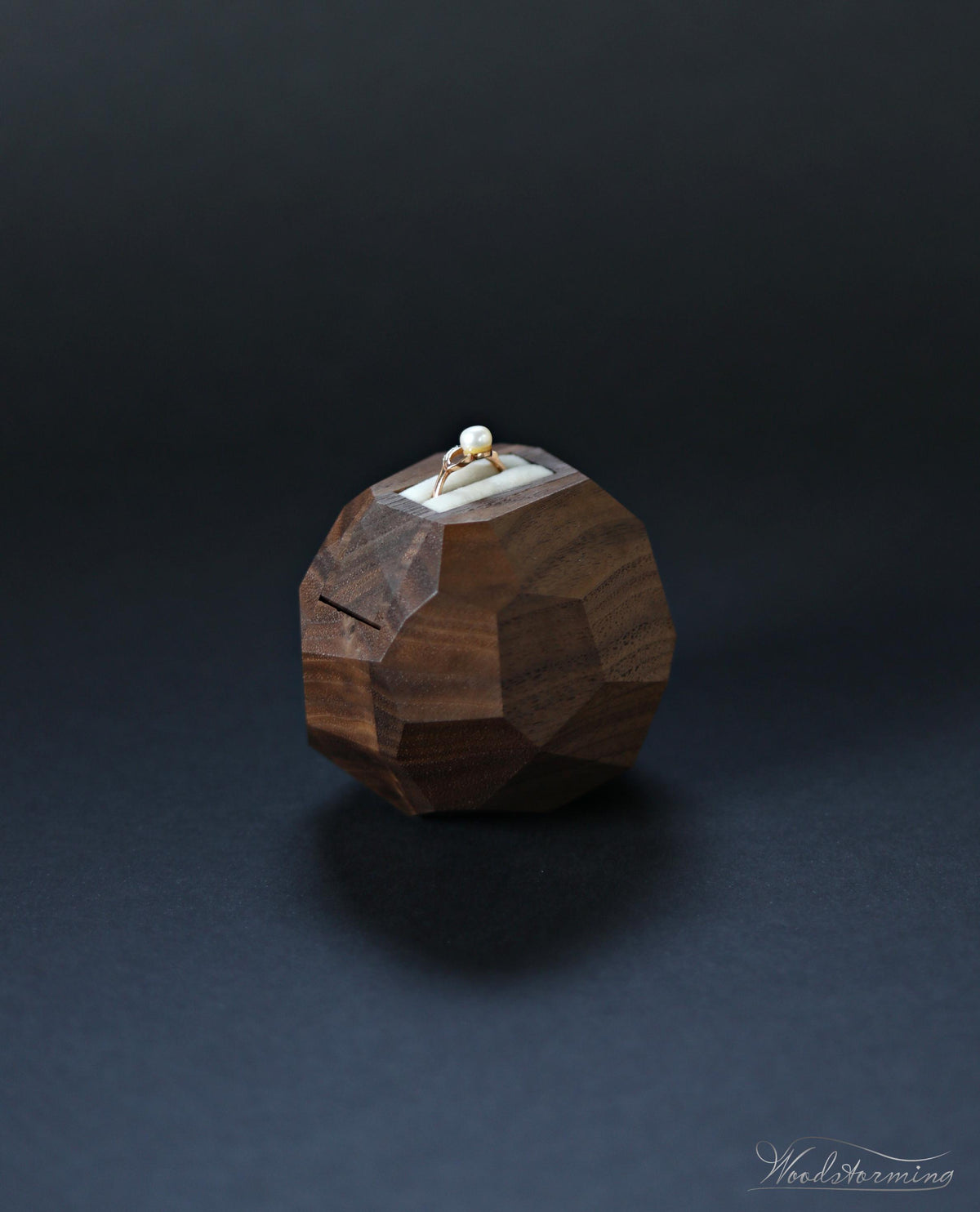 Wooden faceted engagement ring box, secret proposal ring box, sculptural ring display by Woodstorming