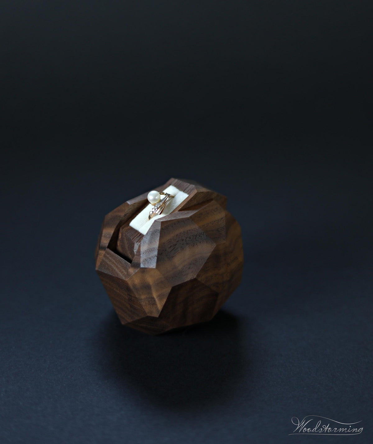 Wooden faceted engagement ring box, secret proposal ring box, sculptural ring display by Woodstorming