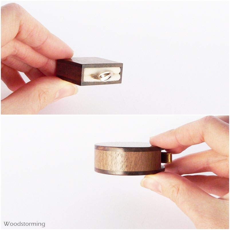 Slim Round Walnut Proposal Ring Box with Pull-Out Drawer
